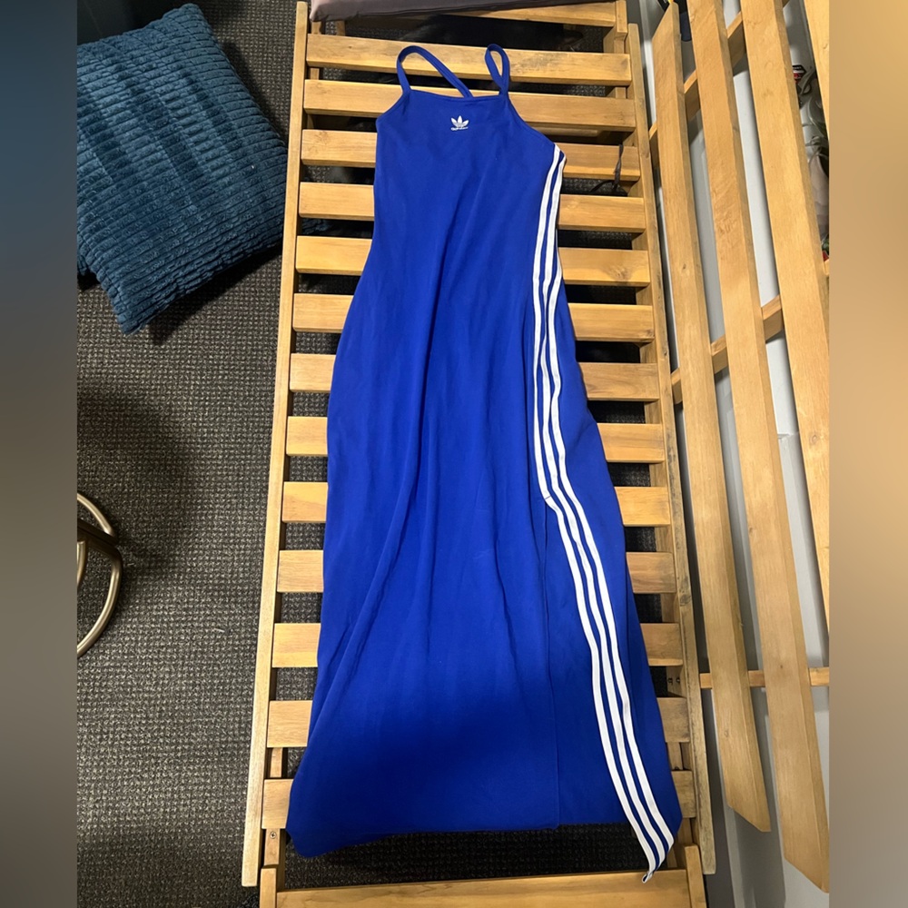 Adidas Women's Blue Maxi Dress with White Stripes